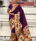 Dark purple woven self design pure silk paithani saree with blouse