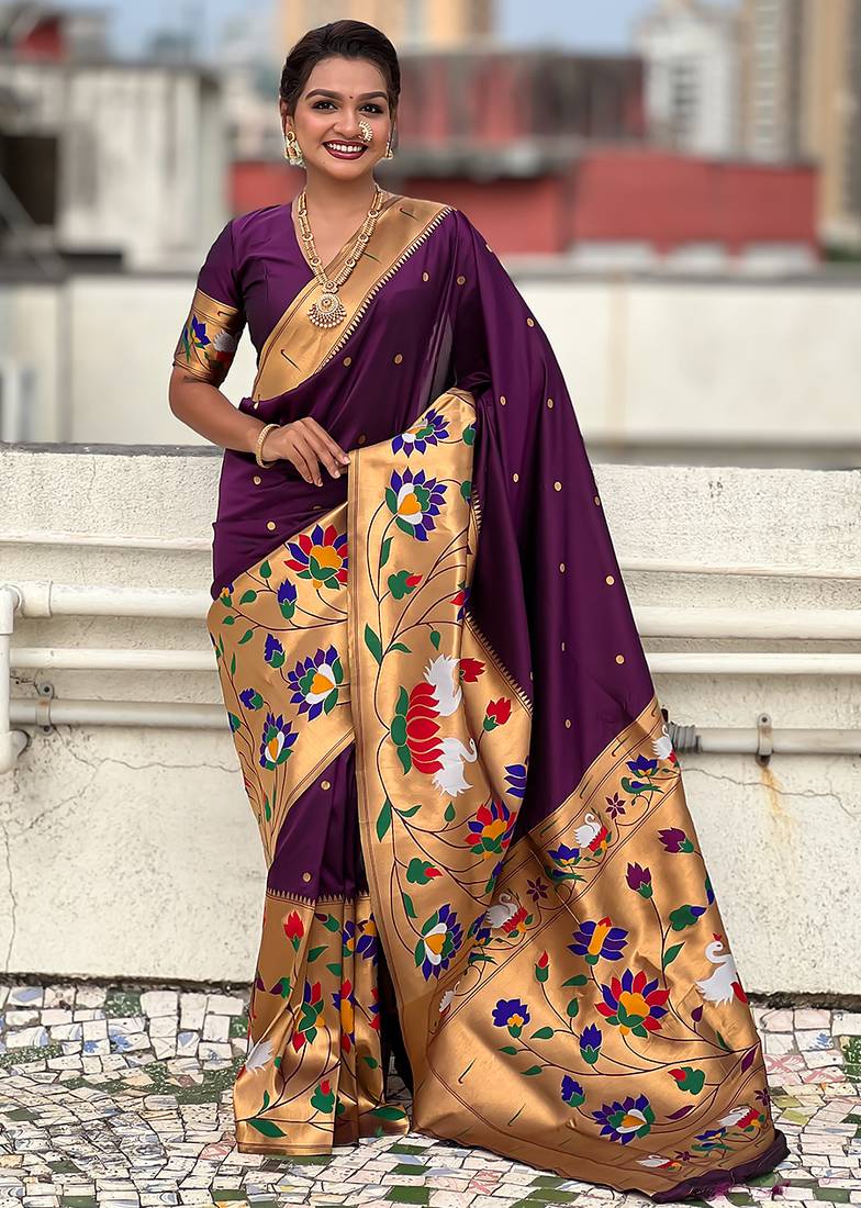 Dark purple woven self design pure silk paithani saree with blouse
