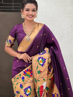 Dark purple woven self design pure silk paithani saree with blouse 2