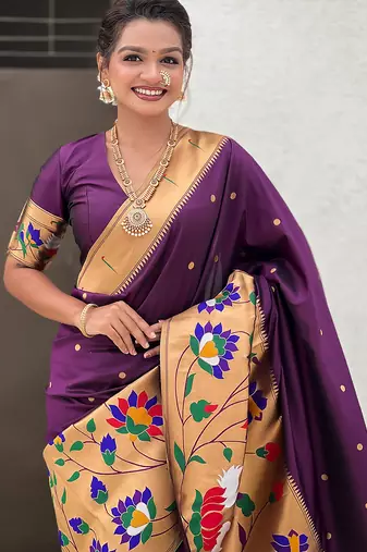 Dark purple woven self design pure silk paithani saree with blouse