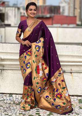 Dark purple woven self design pure silk paithani saree with blouse 3