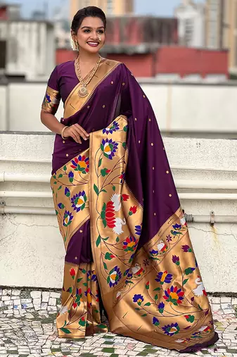 Dark purple woven self design pure silk paithani saree with blouse