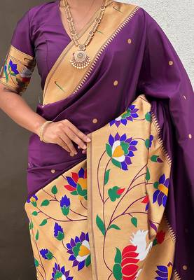 Dark purple woven self design pure silk paithani saree with blouse 4