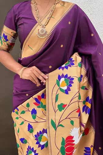 Dark purple woven self design pure silk paithani saree with blouse