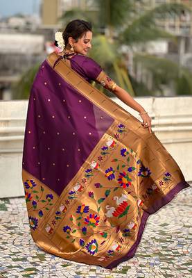 Dark purple woven self design pure silk paithani saree with blouse 5