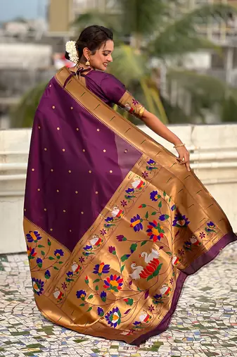 Dark purple woven self design pure silk paithani saree with blouse