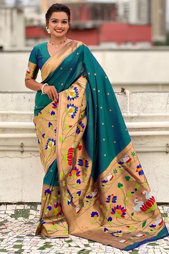 Firozi woven self design pure silk paithani saree with blouse