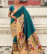 Firozi woven self design pure silk paithani saree with blouse