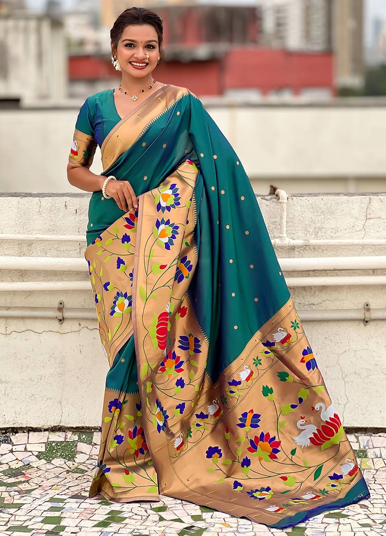 Firozi woven self design pure silk paithani saree with blouse