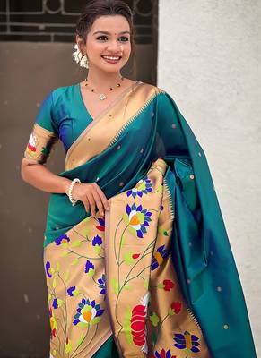 Firozi woven self design pure silk paithani saree with blouse 2