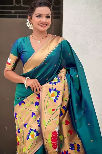 Firozi woven self design pure silk paithani saree with blouse