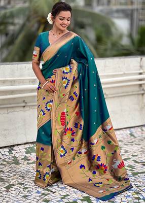 Firozi woven self design pure silk paithani saree with blouse 3