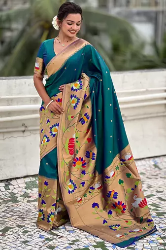 Firozi woven self design pure silk paithani saree with blouse