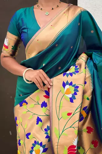 Firozi woven self design pure silk paithani saree with blouse