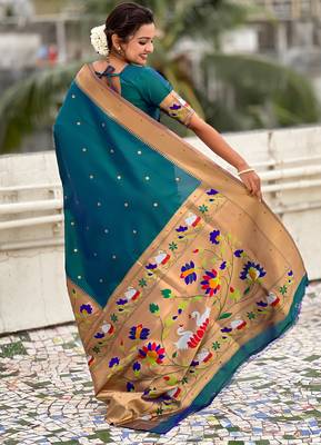 Firozi woven self design pure silk paithani saree with blouse 5
