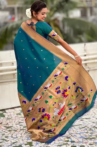Firozi woven self design pure silk paithani saree with blouse