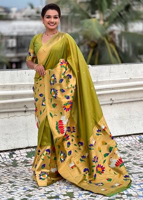 Mehendi woven self design pure silk paithani saree with blouse 1