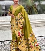 Mehendi woven self design pure silk paithani saree with blouse