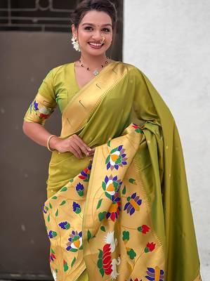 Mehendi woven self design pure silk paithani saree with blouse 2