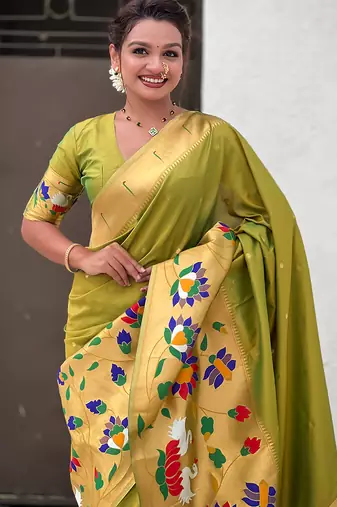 Mehendi woven self design pure silk paithani saree with blouse