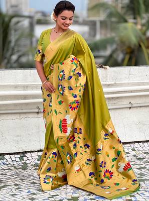 Mehendi woven self design pure silk paithani saree with blouse 3