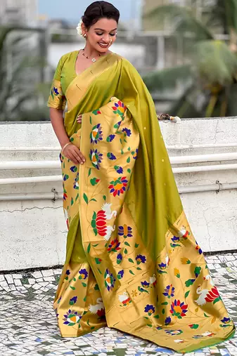 Mehendi woven self design pure silk paithani saree with blouse