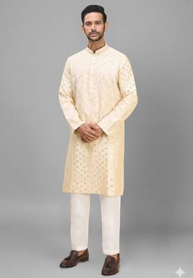 men’s yellow silk kurta pant set with intricate embroidery 3
