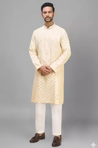 men’s yellow silk kurta pant set with intricate embroidery
