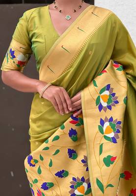 Mehendi woven self design pure silk paithani saree with blouse 4