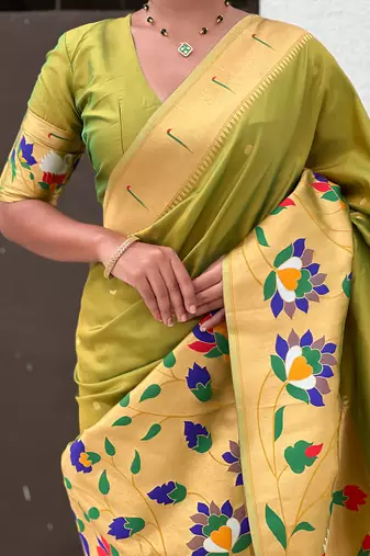 Mehendi woven self design pure silk paithani saree with blouse