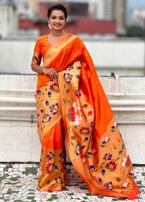 Orange woven self design pure silk paithani saree with blouse 1