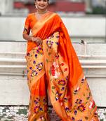 Orange woven self design pure silk paithani saree with blouse
