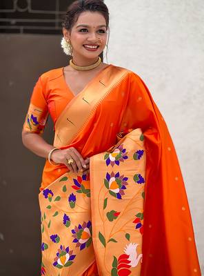 Orange woven self design pure silk paithani saree with blouse 2