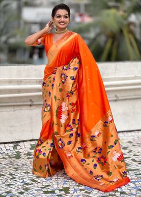 Orange woven self design pure silk paithani saree with blouse 3