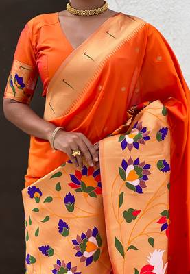 Orange woven self design pure silk paithani saree with blouse 4