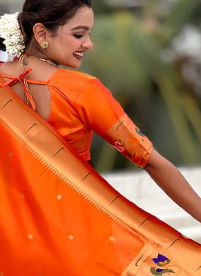 Orange woven self design pure silk paithani saree with blouse 5