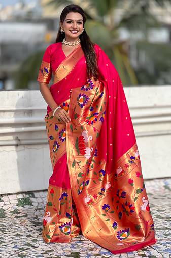 Pink woven self design pure silk paithani saree with blouse