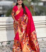 Pink woven self design pure silk paithani saree with blouse
