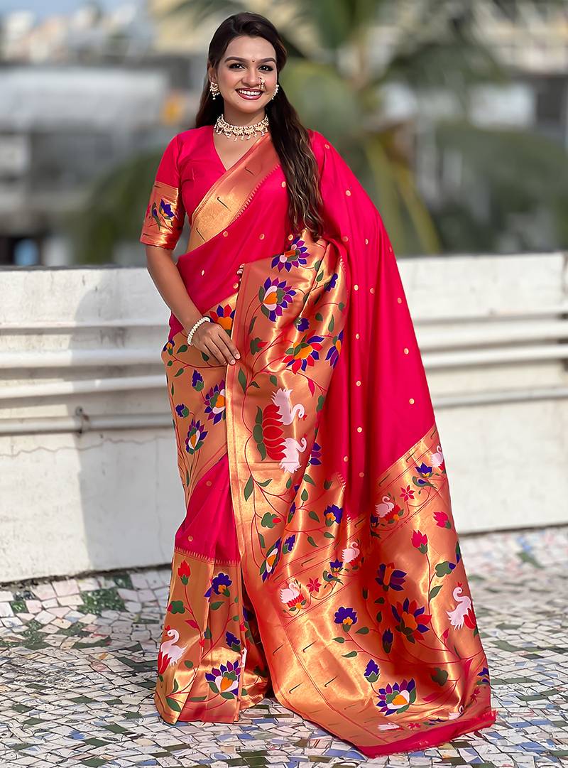 Pink woven self design pure silk paithani saree with blouse