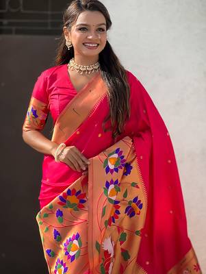 Pink woven self design pure silk paithani saree with blouse 2