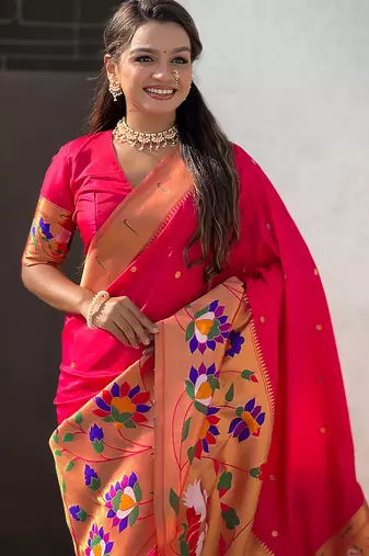 Pink woven self design pure silk paithani saree with blouse