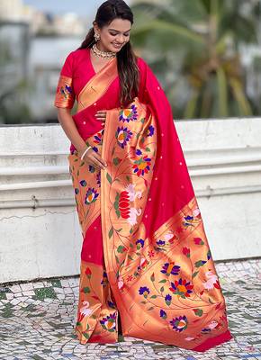 Pink woven self design pure silk paithani saree with blouse 3