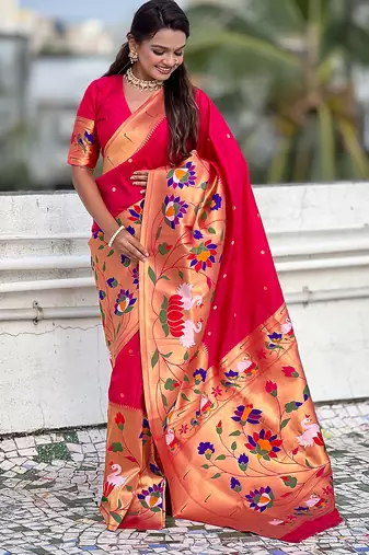 Pink woven self design pure silk paithani saree with blouse