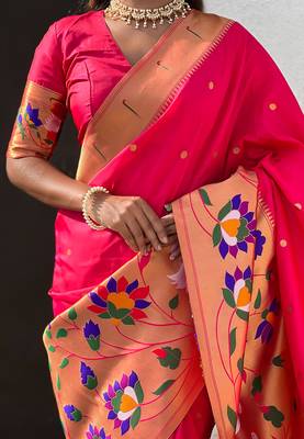 Pink woven self design pure silk paithani saree with blouse 4