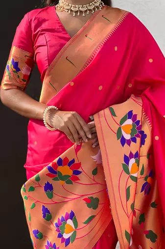Pink woven self design pure silk paithani saree with blouse