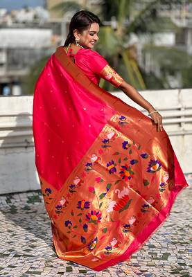 Pink woven self design pure silk paithani saree with blouse 5