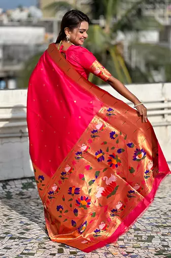 Pink woven self design pure silk paithani saree with blouse
