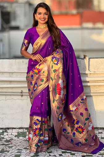 Purple woven self design pure silk paithani saree with blouse