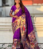 Purple woven self design pure silk paithani saree with blouse