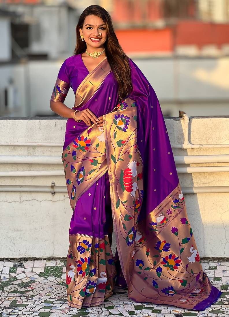 Purple woven self design pure silk paithani saree with blouse